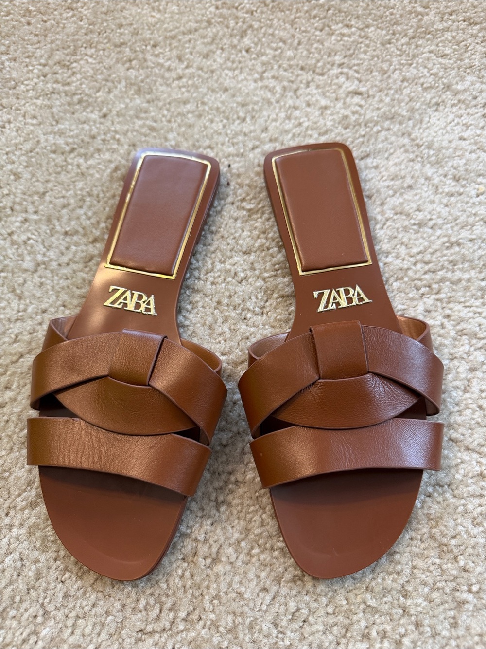 ZARA Tan Brown Braided Leather Slide Mules